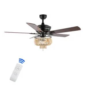 JONATHAN Y Opal Farmhouse Rustic Wood Bead Shade LED Ceiling Fan With Remote; for Bedroom, Living Room, Kitchen, Office