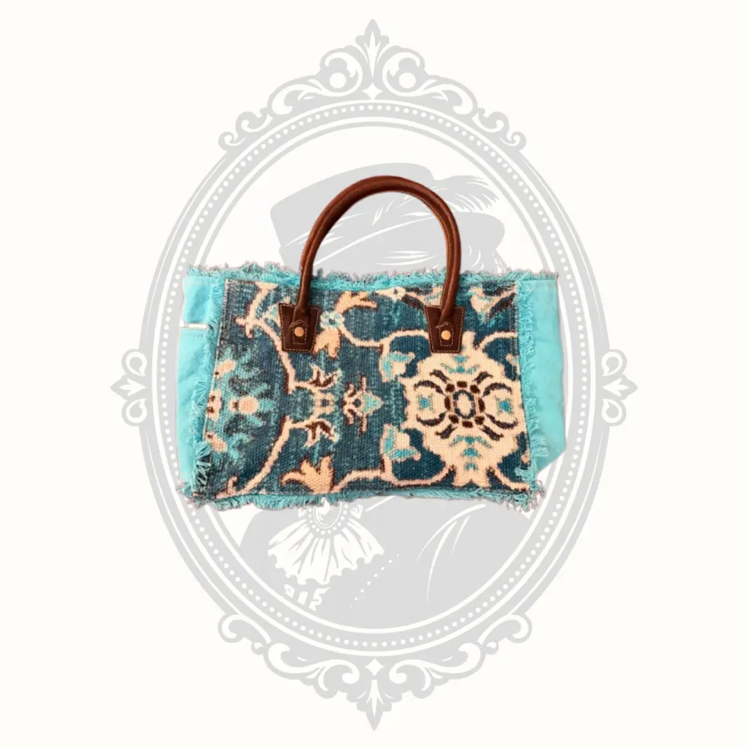 Myra Bag Turquoise Canvas & Woven Rug Leather Top Handle Tote Bag for Boho Chic Outfit, Casual Wear with Rug Pattern