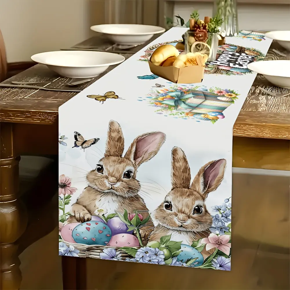 Easter Bunny & Egg Tablecloth Banner, Durable Polyester Fabric, Indoor Outdoor Use, Spring Festival Gift, Smooth Material Decor