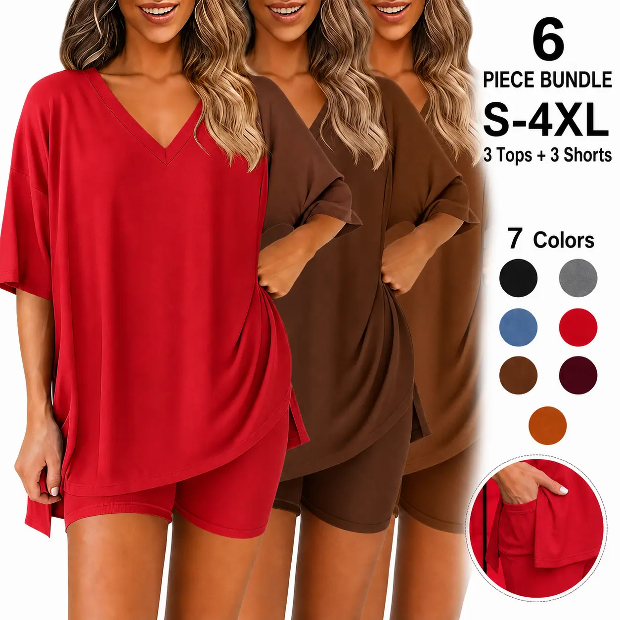 V-Neck Two-Piece Set for Women Summer Casual Oversized Split Hem Top & Side Pocket Shorts Minimalist Lounge Wear Soft Double-Sided Brushed Milk Silk Comfy Pjs