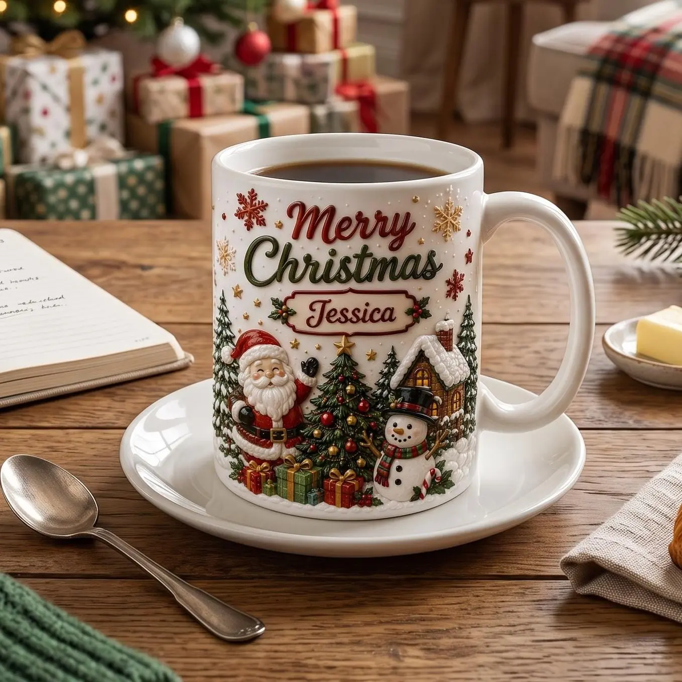Sturdy Personalized Printed Christmas Ceramic Mug - 3D Santa Effect, Custom Name, Holiday Drinkware for Grandma, Cute Winter Secret Santa Gift