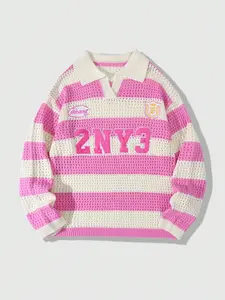 Vintage Casual Polo Neck Striped Hollow Out Knit Sweater, Loose Fit Couple Leisure Flip Flop Pullover, Stylish and Comfortable