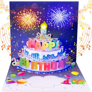 UPGRADED 3D Pop Up Birthday Card with Fireworks Cake, Light & Music, Blowable Design Happy Birthday Greeting Card Gift for Women Men Mom Kids