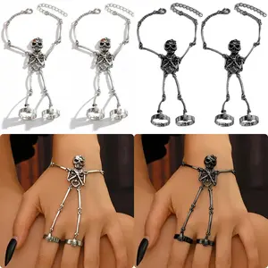 2 Packs [Skull joints] Skull bone two-finger ring bracelet, personalized integrated chain punk hip-hop style jewelry domineering gift Men Women's Skeleton Hand Bracelet With Ring (silver or gun black)