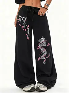 Fashion trend plum pattern printed gothic rock street style retro vintage Y2K style comfortable drawstring black straight-leg pants - Casual Comfy Baggy women's long pants, casual sportswear pants