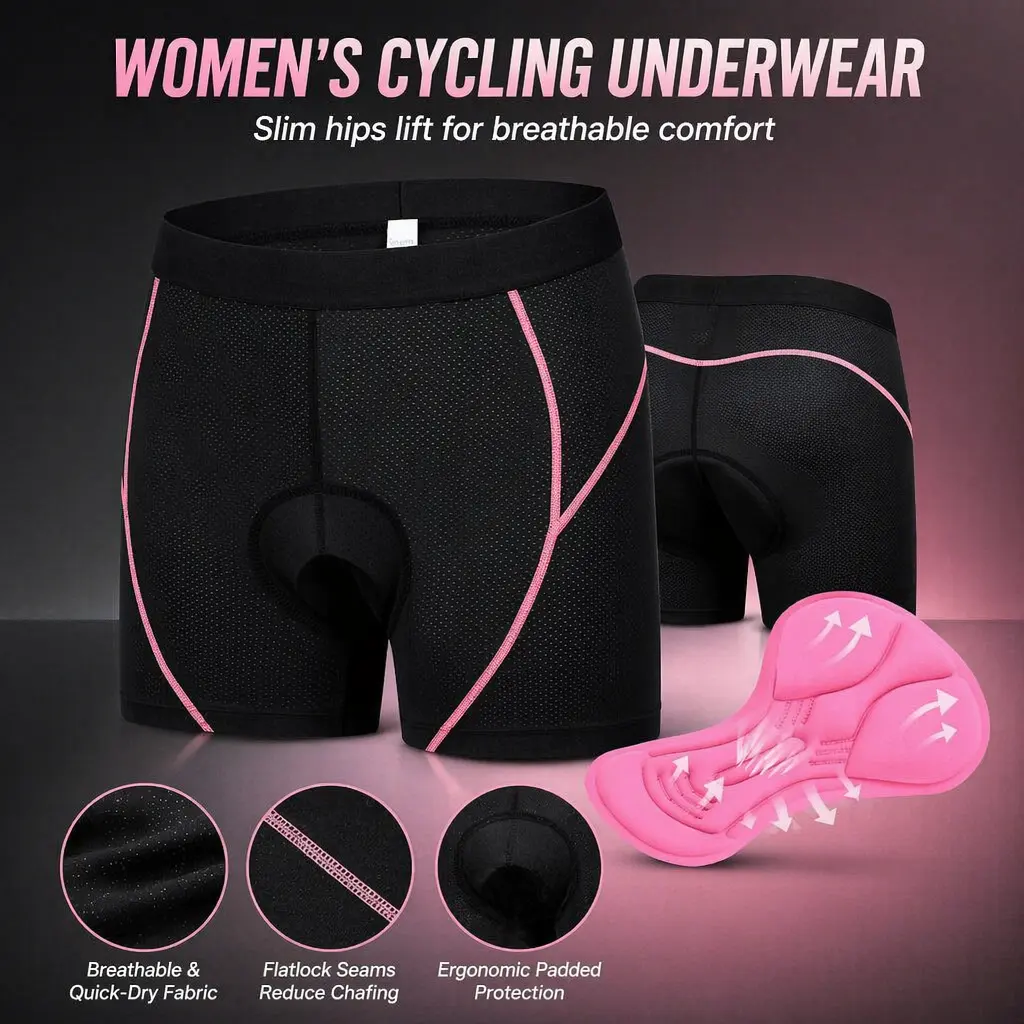 Women's 3D Silicone Padded Cycling Underwear - Biker Shorts, Athletic Shorts, Cycling Sports Wear with Breathable High-Stretch Fabric, Butt Lift, Shock Absorption, Ergonomic Protection for Bike Riding, Activewear Bottoms, Breathable Undergarments
