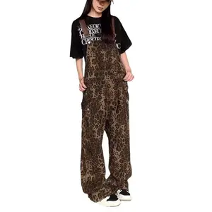 Women'S2025FashionableLeopardPrintDenimOverallsCasualLooseWideLegJumpsuitWithPockets