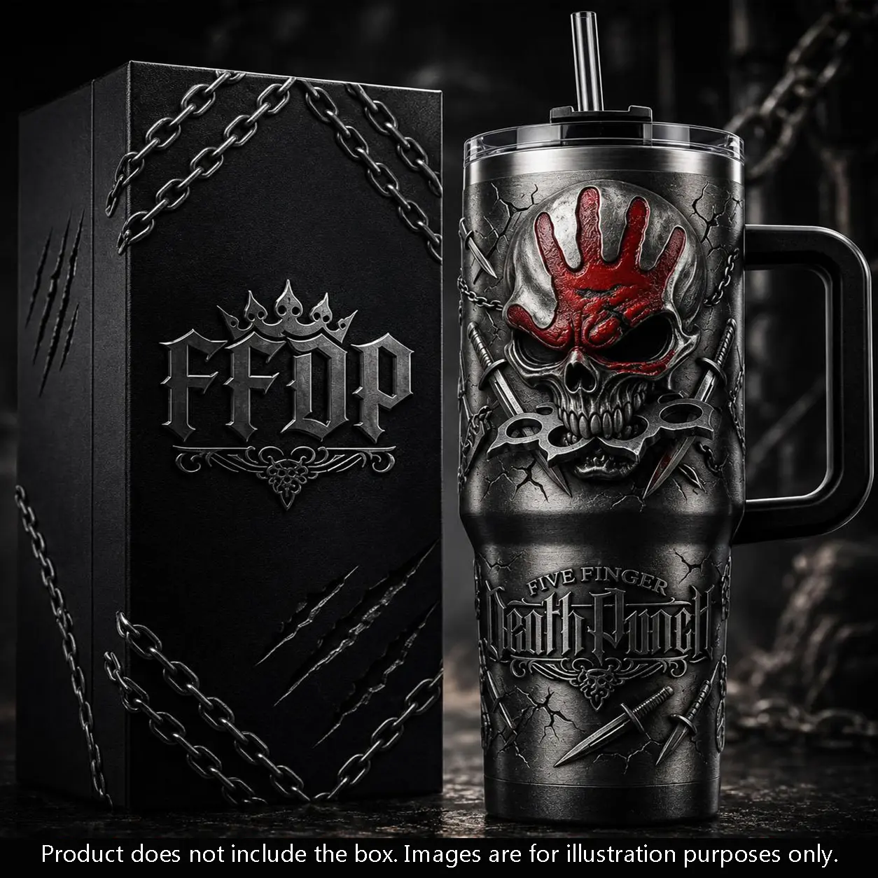 Five Finger Death Punch Inspired 40oz Tumbler with Handle & Straw, Stainless Steel Insulated Travel Mug, Heavy Metal Band Fan Gift, Reusable Coffee Cup