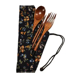 Travel Utensils Set - Fabric Envelope-Style Holder with Wooden Fork, Spoon & Chopsticks, Eco-Friendly Design, Durable Faux Leather Cord