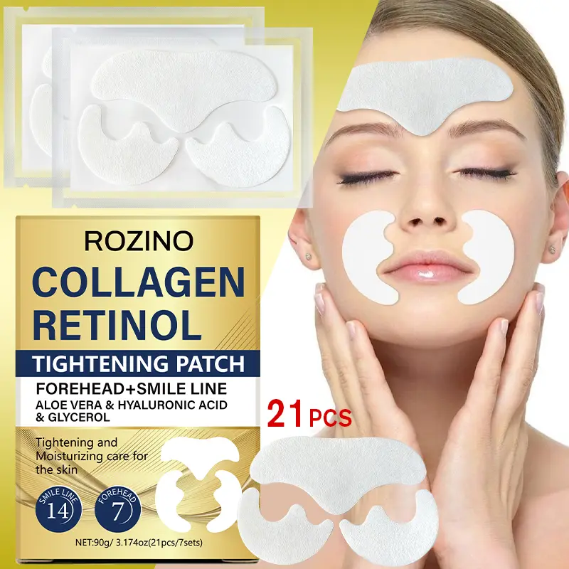 ROZINO Collagen Retinol Tightening Patches, Firming, Moisturizing & Smoothing Forehead and Smile Line Patches with Retinol, Collagen, Aloe Vera & Hyaluronic Acid, 21 Pcs / 7 Sets, 90g / 3.174oz