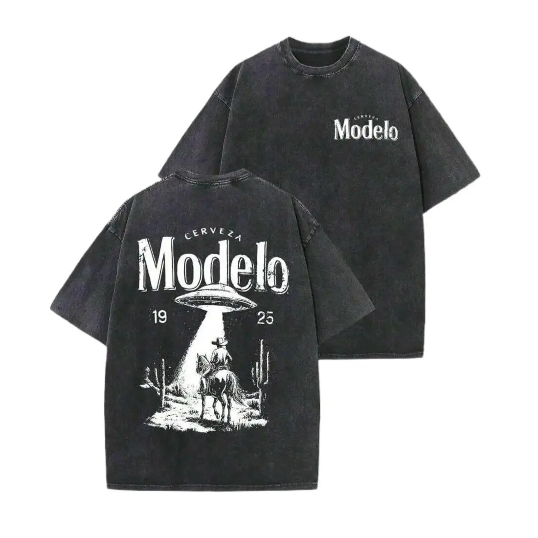 Men's Unisex Casual Vintage Washed Black Modelo Graphic T-Shirt - Loose-Fitting Round Neck Short-Sleeve Tee, Retro Distressed Western Cowboy UFO Abduction Cerveza Beer Digital Print Streetwear Top for Daily Outdoor Wear