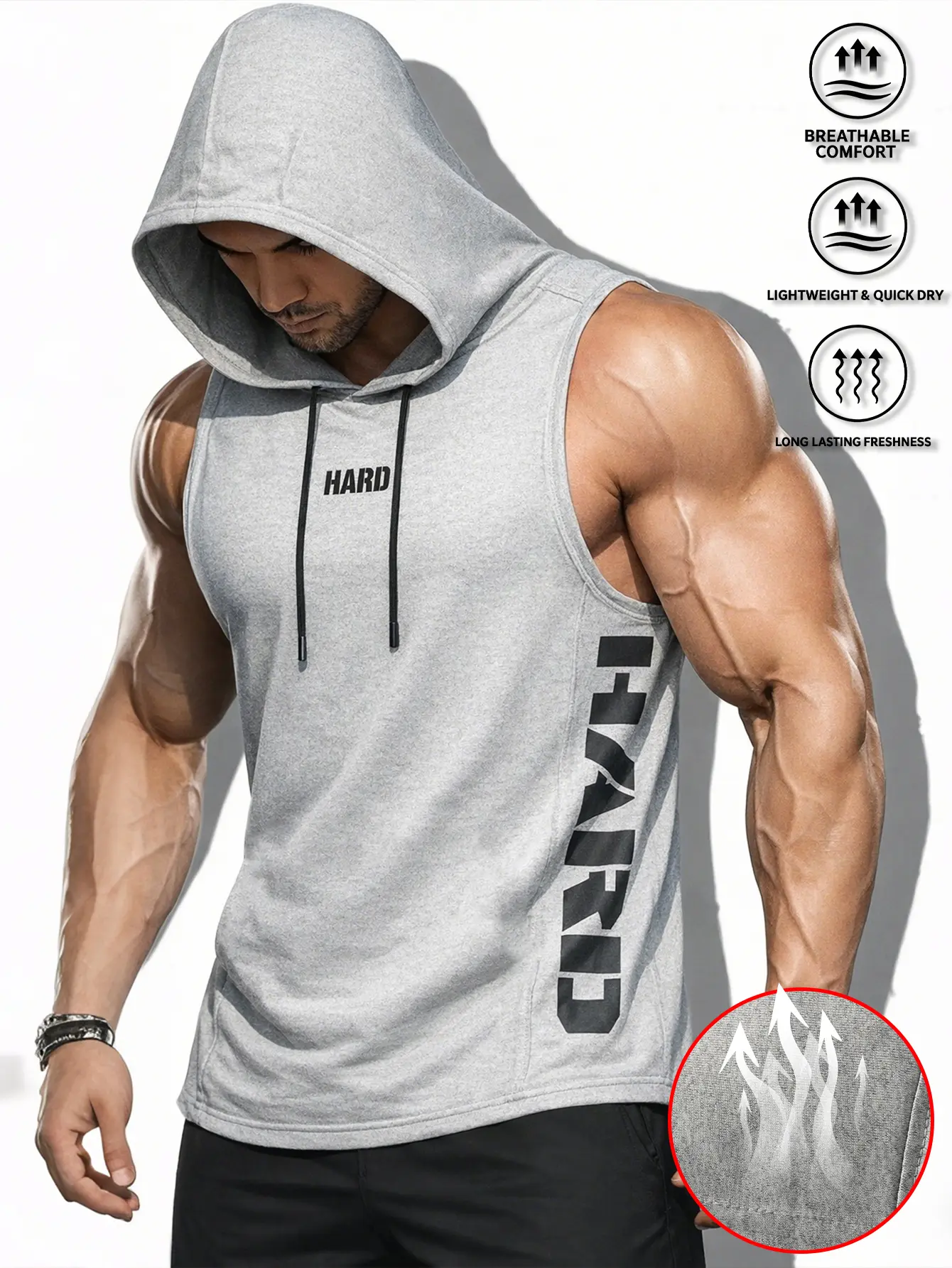 Men’s sleeveless hoodie — wrinkle‑resistant, wear‑resistant fabric; loose fit; drawstring hood design; regular‑fit casual hooded top; summer men’s top; men’s fitness running top; menswear