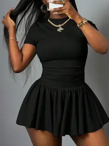Summer New Waist Cinching Slimming Dress, Sexy Round Neck Short Sleeve Ruffle Hem A-Line Skirt, Women's Fashion Clothing