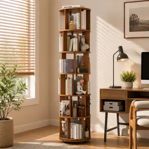 6-Tier Solid Wood Rotating Bookshelf, 360° Revolving Bookcase Tower with Storage, Space Saving Corner Bookshelf for Bedroom, Kids Room, Living Room & Office