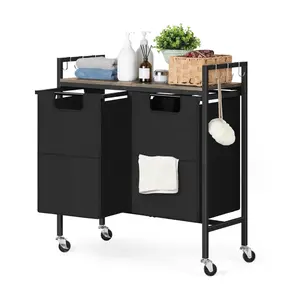 Double Laundry Hamper with Wheels & Large Top Shelf, 2-Section Laundry Sorter for Dirty Clothes ,Laundry Basket Organizer for Bathroom, Dorm, Bedroom, and Laundry Room - Space-Saving Laundry Hamper with Shelf