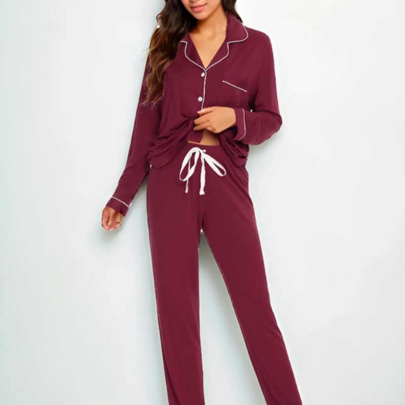 Rose Madder Long Sleeve Bamboo Pajama Set for Women - Loungewear and Nightwear Comfort Breathable Fabric Womenswear Fit Comfortable