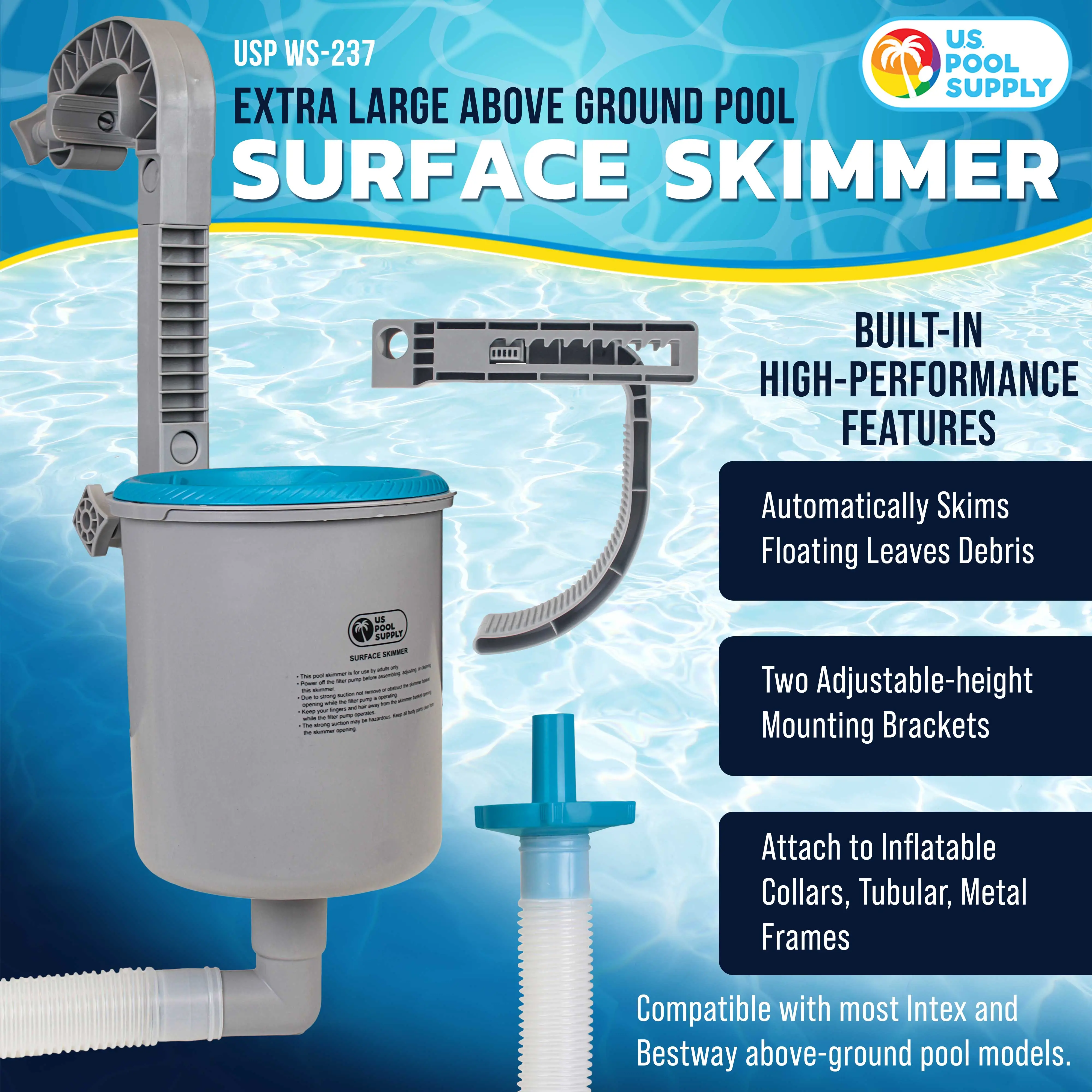U.S. Pool Supply Above Ground Pool Skimmer, Wall Mount Surface Skimmer - Extra-Large Collection Basket, Automatically Skims Floating Leaves Debris