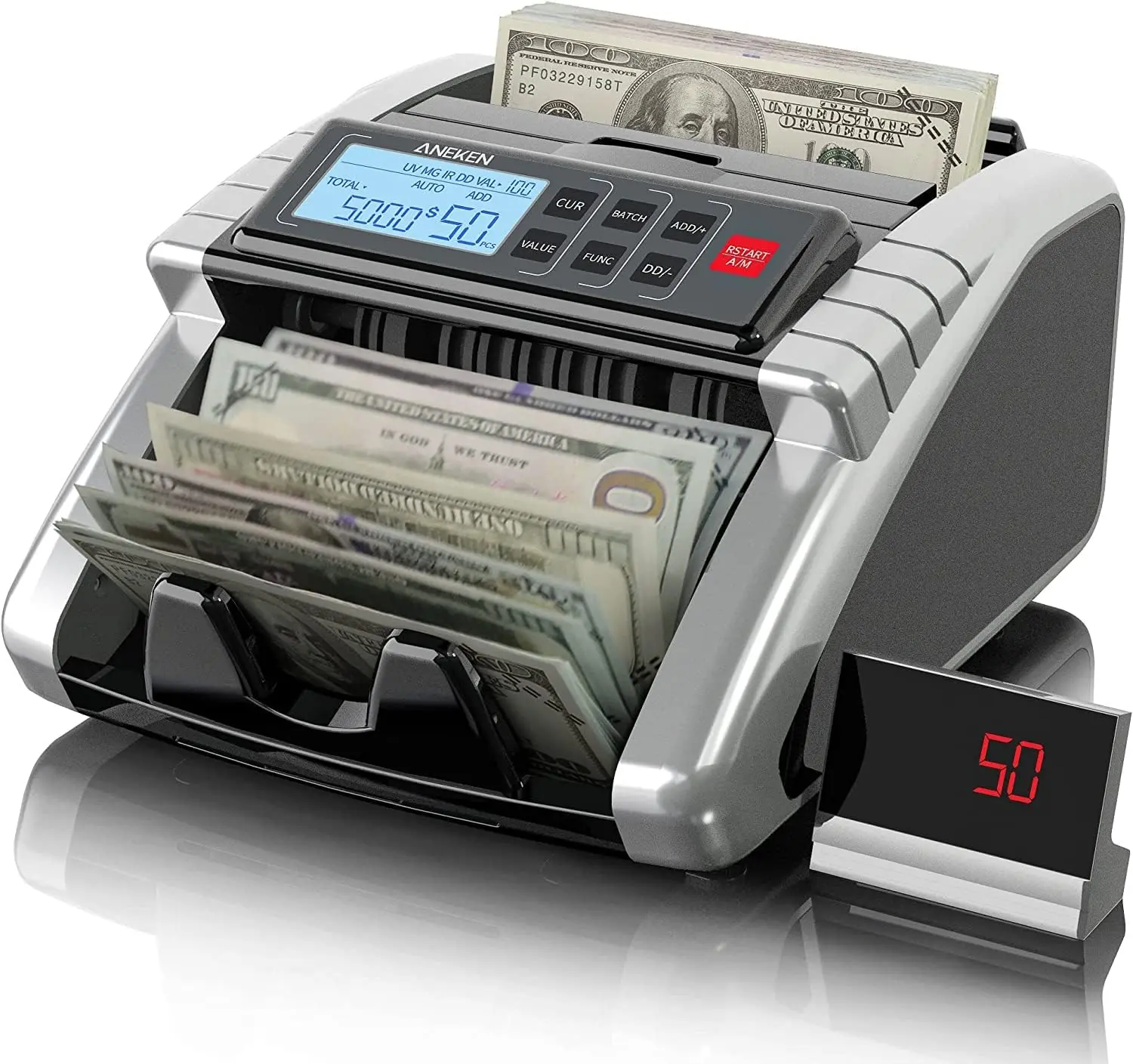 Money Counter Machine with Value Count, Dollar, Euro UV/MG/IR/DD/DBL/HLF/CHN Counterfeit Bill Detectors,Add and Batch Modes, Cash Counter with LCD Display| Jam-free and durable