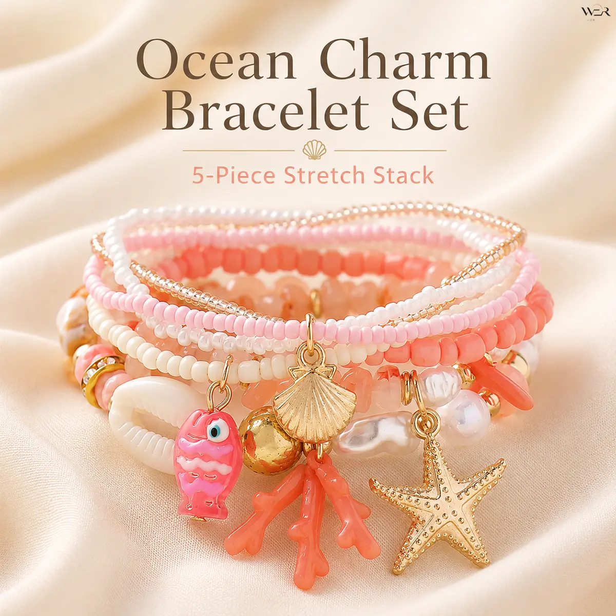 Women's Beaded Bracelet Set - Shells and Stars, Starfish Element Bracelets & Bangles with Ocean Fish, Seashell, Coral Charms - Seashell Aesthetic, Lightweight, Elegant, Versatile Summer Gift for Daily Wear/Special Occasion, Shells And Stars Bracelets & Ba