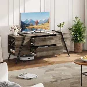 Garvee 55" Entertainment Center with 2 Drawers, Farmhouse Vintage Console Table Featuring Adjustable Shelf and Cord Holes, Industrial Style Stand for Living Room, Retro Grey Finish