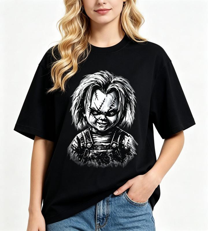 Women's Ultra-Soft Pure Cotton Short Sleeve Crew Neck Horror Movie T-Shirt, Well-Fitted Character Print Scary Doll Graphic Halloween Tee, Machine Washable