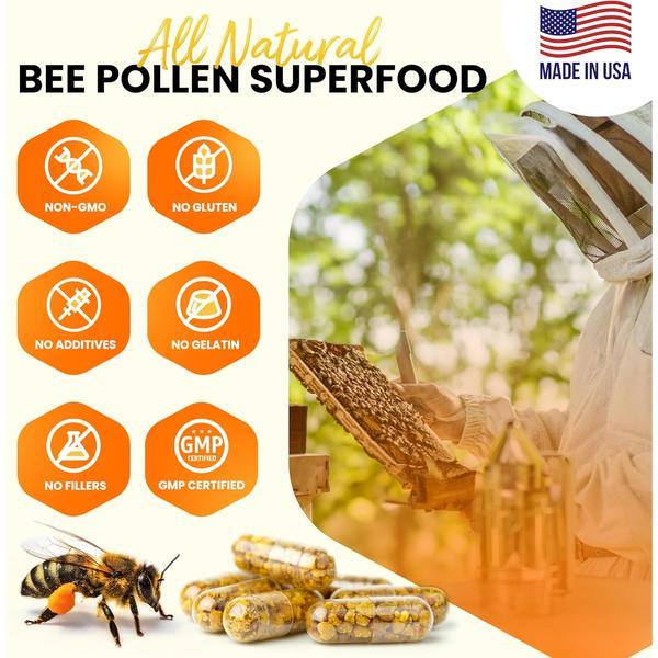 HoneybeeZone Raw Bee Pollen Capsules, B-Complex Rich Superfood for Energy, Metabolism & Immune Support, 60 Veggie Capsules