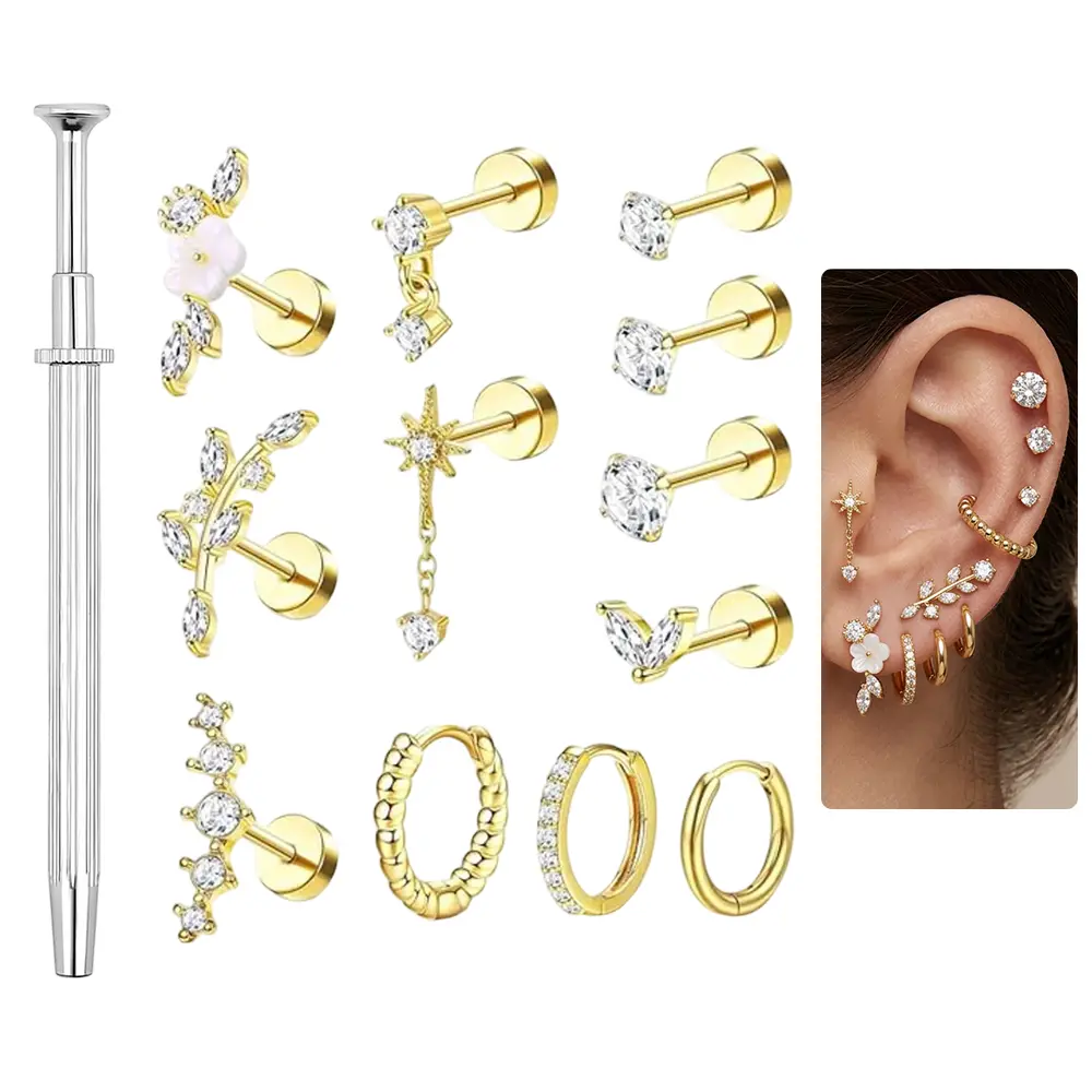 12PCS Flat Back Cartilage Earrings for Conch Tragus Helix Piercing Jewelry Hypoallergenic Guage Cartilage Earring Stacks