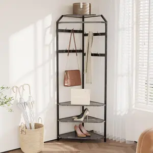 Corner Coat Rack with Shoe Bench Entryway and 12 Double Hooks, Corner Hall Tree - Corner Clothes Rack with Storage Corner Tree with Organizer Shoe Bench Shelf for Entryway, Hallway, Closet
