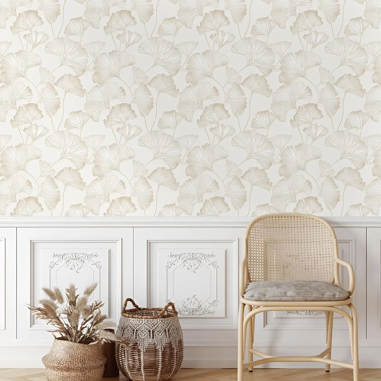 Boho Ginkgo Leaf Wallpaper, Peel and Stick, Mould-Proof, No Damage Removable, Elegant Leaf Pattern for Living Room, Renter Friendly Decor