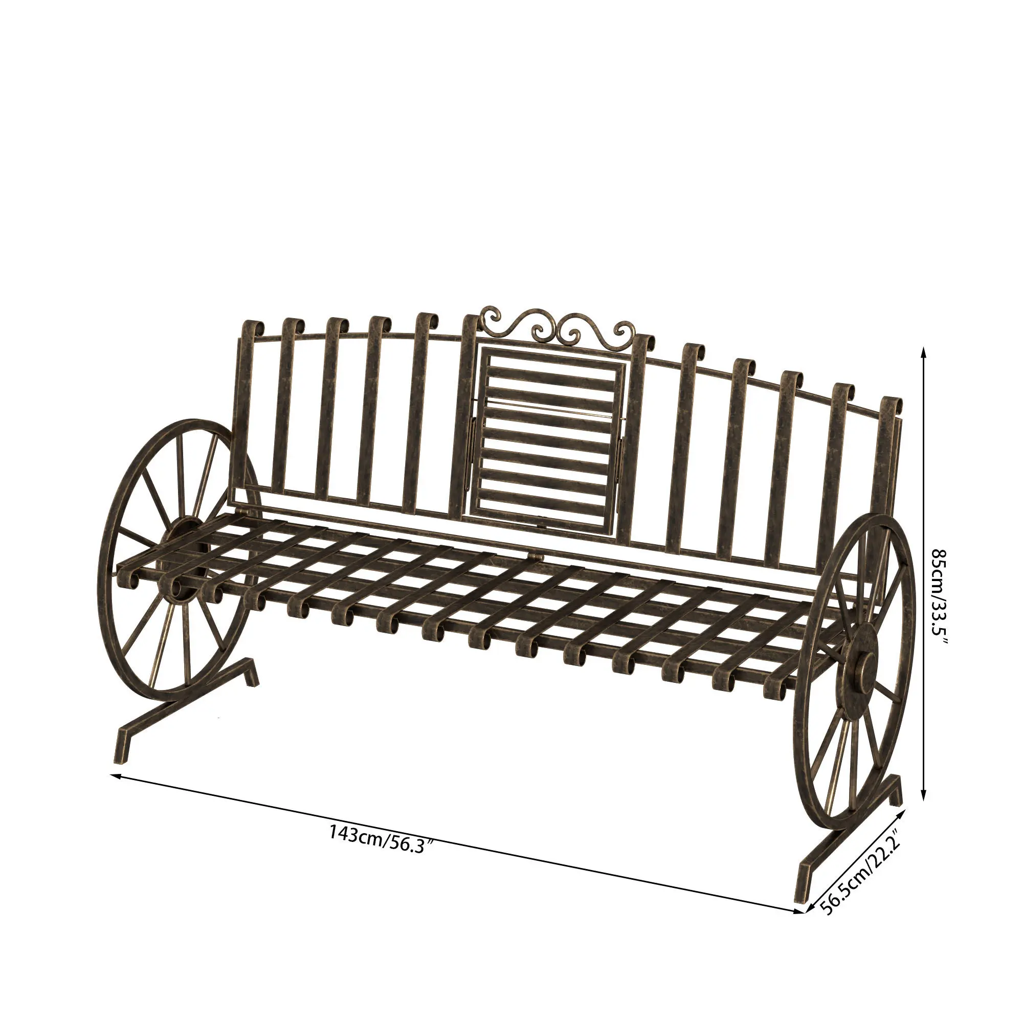 3-Seater Metal Frame Garden Bench with Built-in Middle Table, Wagon Wheel Arms - Patio Outdoor Furniture for Lawn