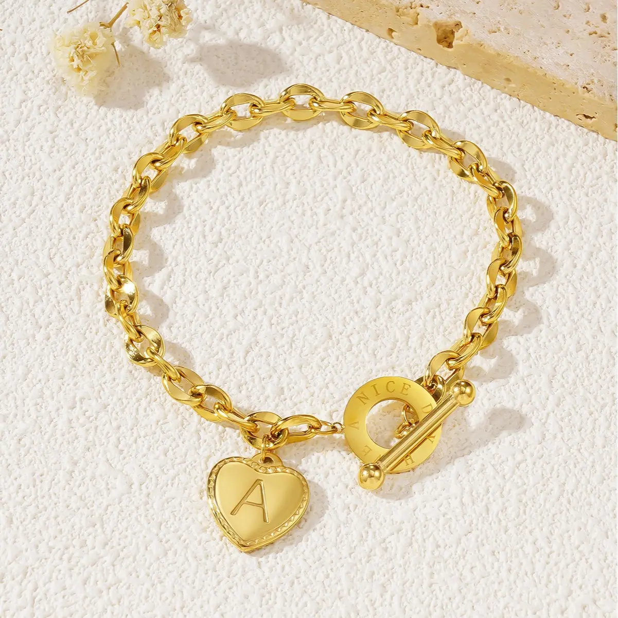 Titanium steel bracelet golden heart 26 English letters bracelet OT buckle bracelet ladies daily wear gift