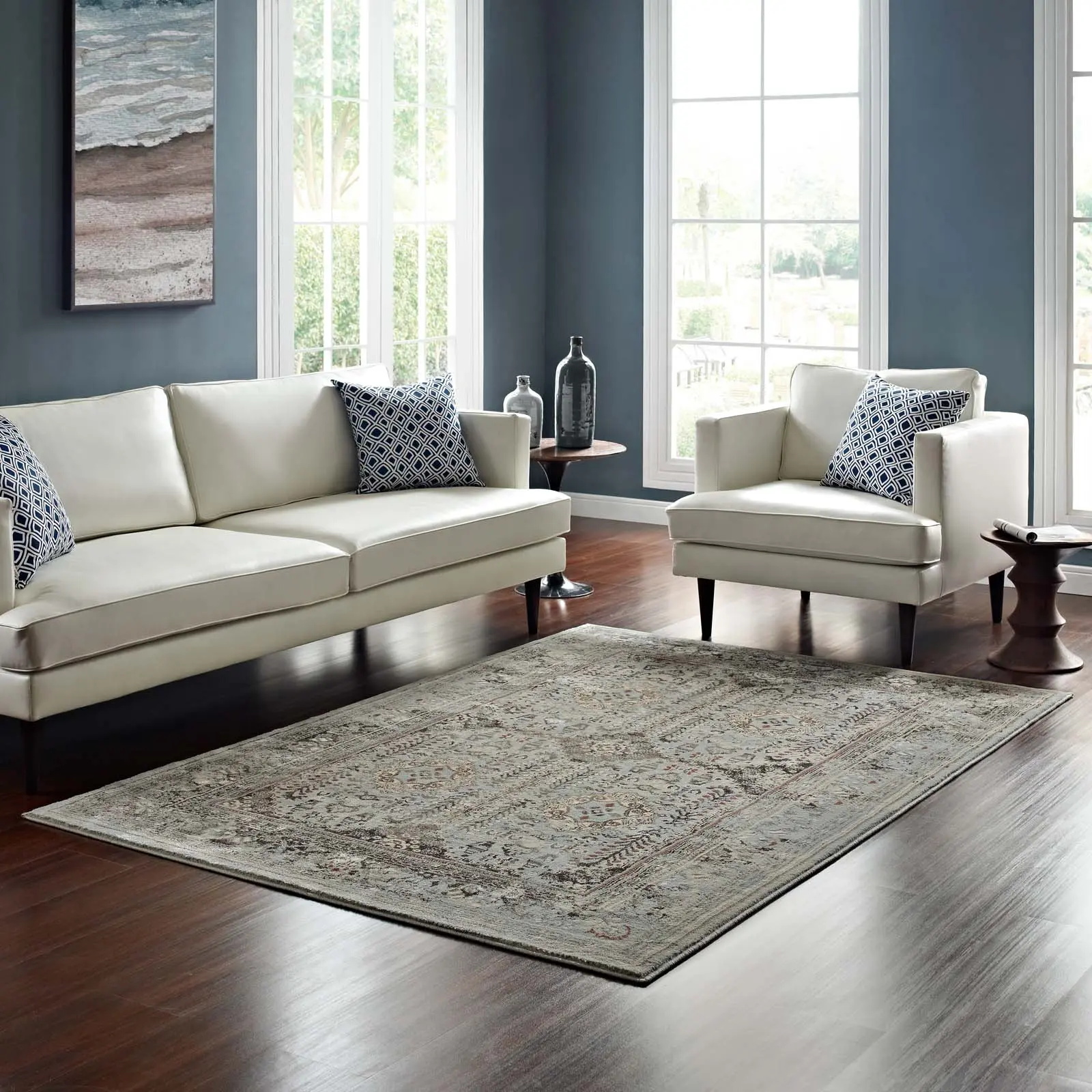 Modway Enye 1-Piece Cozy Indoor Area Rug - Distressed Vintage Floral Lattice, 8x10 Polypropylene Low Pile Weave, Brown & Silver Blue High Traffic Rug for Living Room Decor, Bedroom