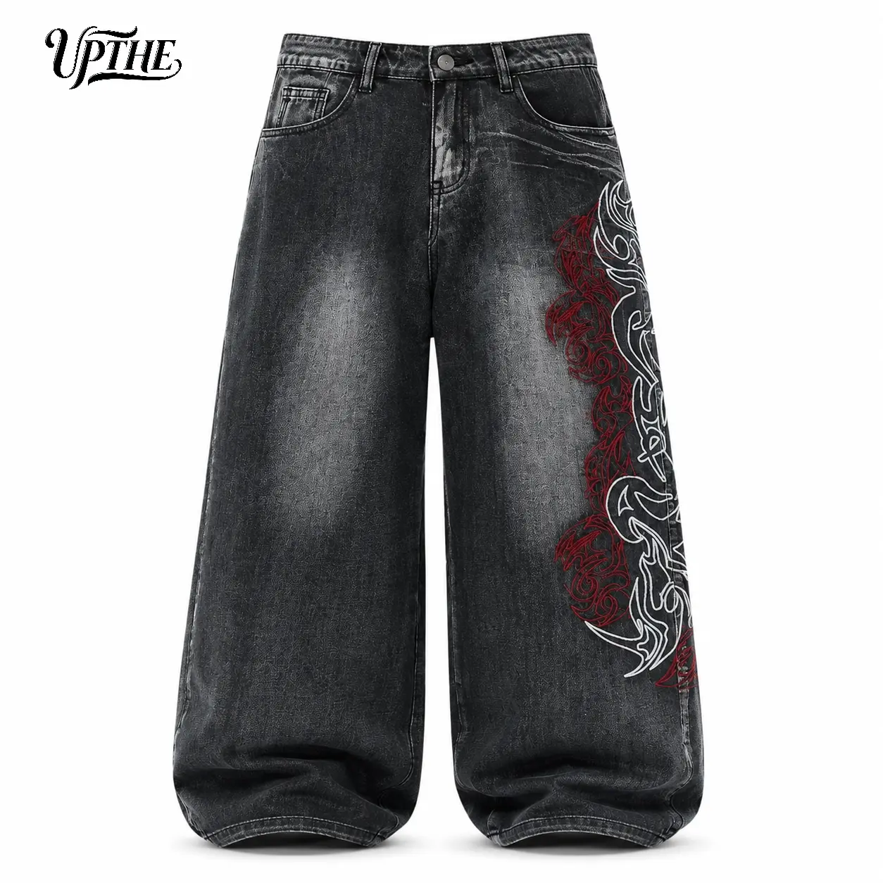 UP.THE Men's Loose-Fit Wide Leg Jeans - Y2K Embroidered Totem Fabric Streetwear for Skateboarders, Menswear Everyday Wear, Oversized Plain T-Shirt Compatible Bottoms