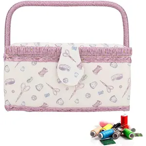 Sewing Basket, Classic Fabric Sewing Kit Storage Box, Vintage Sew Supplies Storage, DIY Crafting Accessories Large Embroidery Box with Organizer Tray Compartment, 9.6 x 7.1 x 5.1 inches