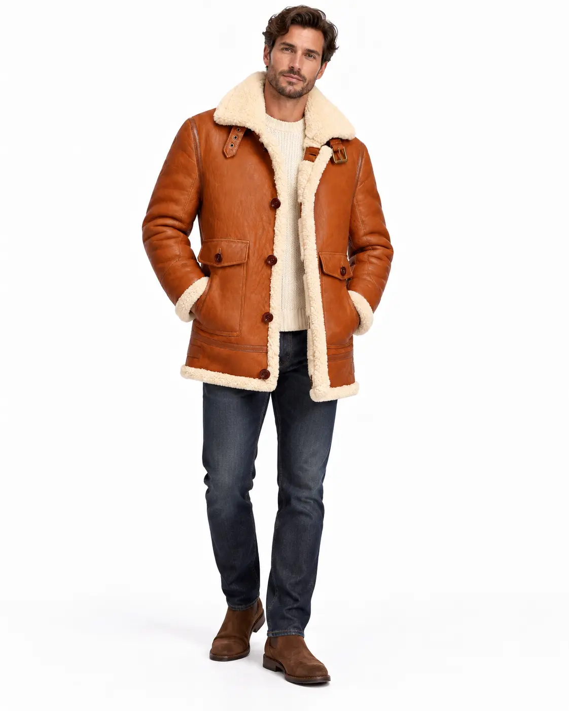 Men’s Genuine Sheepskin Shearling Leather Coat, Cognac Brown Fur-Lined Aviator Winter Jacket (Yellowstone)