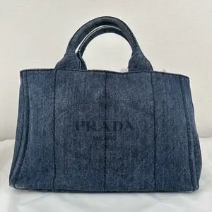 Pre-owned PRADA Canapa Denim Tote Bag in Blue Denim with Embroidered Milano Logo Japan