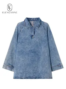 Elengatine Women's Denim Dress Vintage Washed Blue Half-Zip Collar Loose Fit One Chest Pocket Casual Outings Street Style Chic Cotton Polyester Womenswear