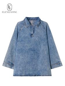 Elengatine Women's Denim Dress Vintage Washed Blue Half-Zip Collar Loose Fit One Chest Pocket Casual Outings Street Style Chic Cotton Polyester Womenswear