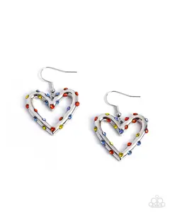 Cupid Compromise - Multi Color Rhinestone Silver Heart Earrings - Paparazzi