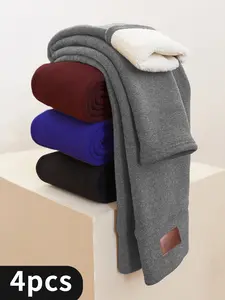 4pcsWomen's Solid High Waist Thermal Lined Sports Leggings, Casual Comfy Breathable Skinny Warm Pants for Yoga Gym Workout Running Ladies Sportswear for Fall & Winter, Tummy Control