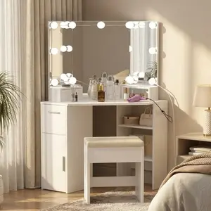 Corner Makeup Vanity Desk with LED Lighted Mirror & Power Outlet, Vanity Table Set with 2 Drawers & Stool, 3 Color Lighting Modes White Vanity for Bedroom