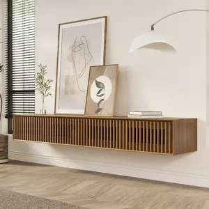 79" Walnut Floating TV Stand, Modern Minimalist, Four Cabinets, Fully-Assembled, Perfect for 75-inch TVs