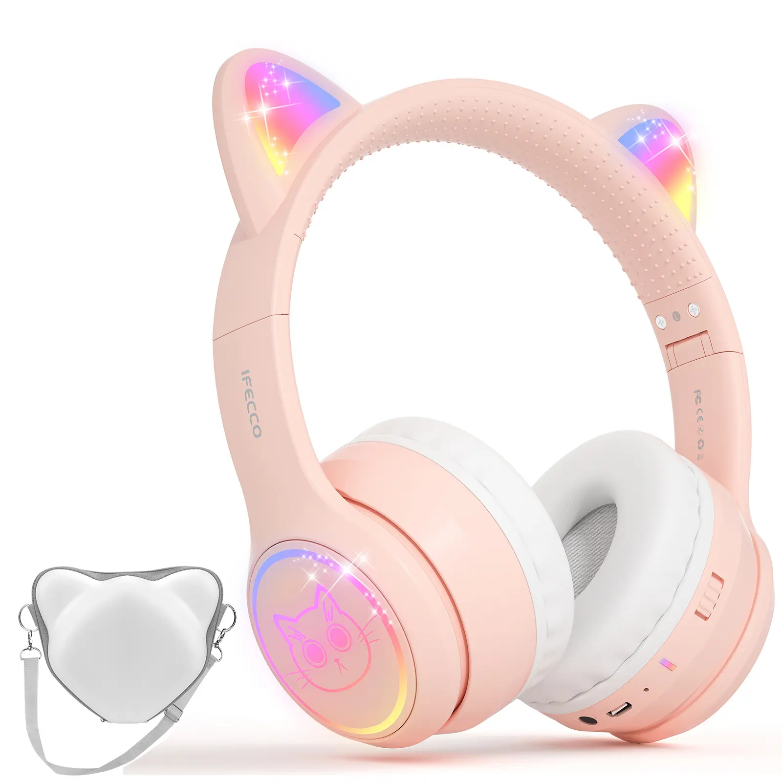 IFECCO Built-in Bluetooth Foldable Over-Ear Kids Headphones with Case, Color-Changing LED-Lit Cat Ears, Cushionable Padding, Cable-Free/3.5mm Wired Mode for Boys & Girls, Built-In Bluetooth Foldable Headphones, Cable-Free Foldable Headphones