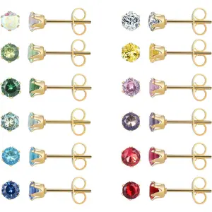 12 Pairs 18K Gold Plated Surgical Stainless Steel Stud Earring, Cubic Zirconia CZ Stud Earrings for Women, Multicolor Birthstone Stud Earrings Set