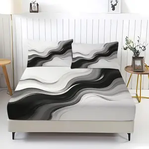 3Pcs Fluid Ink Printed Fitted Sheet Set, Abstract Style Bedding Set, Soft Polyester Fabric, Machine Washable, Fade Resistant, Deep Pocket Design, All Season Use, Suitable for Bedroom Decoration
