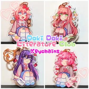 DDLC Doki Doki Literature Club Keychains - Sayori Natsuki Yuri Monika - Cute Acrylic Cartoon Keychain, Funny Meme Character Charm for Keys, Bags, Backpack, Durable Gift for Fans & Collectors