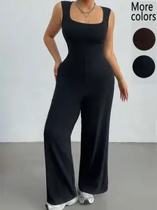 【Plus Size】1 Piece Women's Square Neck Sleeveless Wide-Leg Jumpsuit, TikTok Viral "Quiet Luxury" & "Minimalist Streetwear" Style, Stretchy Body-Hugging Top & Flow Wide-Leg Pants, Perfect for Office Looks, Casual Outings & TikTok OOTD Fits