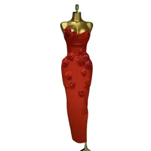 2025 Newest Women Sexy Strapless Backless Red Flower Midi Bandage Dress Celebirty Elegant Evening Club Party Birthday Dresses Formal Womenswear