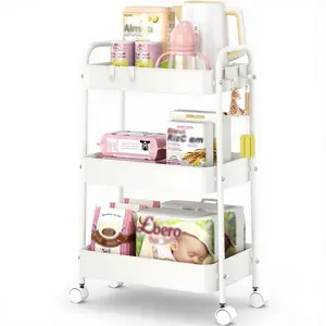 3-Tier  Rolling Cart with Wheels, Storage Utility Organizer Cart for Kitchen, Bathroom, Office, Baby Essentials & Makeup - Lockable Casters, Easy Assembly, Large Capacity, Pink