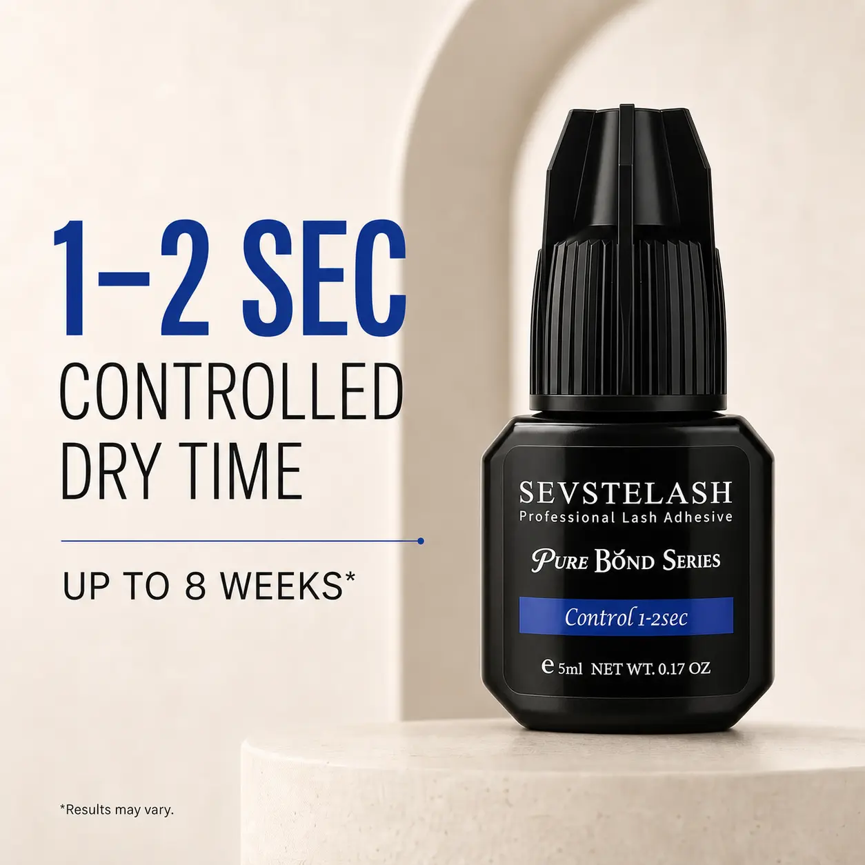 SEVSTELASH CONTROL Professional Lash Extension Glue 5ml / 0.17 fl.oz / 1-2 Sec Dry /  Retention-8 Weeks / Powerful Flexible Black Adhesive/ Low-Irritation /  Wide Temperature & Humidity Range / Lash Tech Supplies